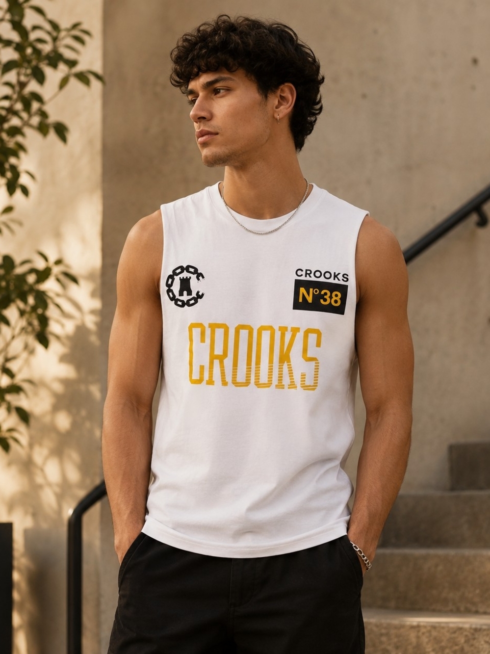 Crooks & Castles White Muscle Tank with Yellow Logo